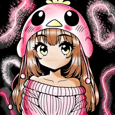 anime girl with chick shaped hat with sweater with bare shoulders with bangs covering them one eye with low tail