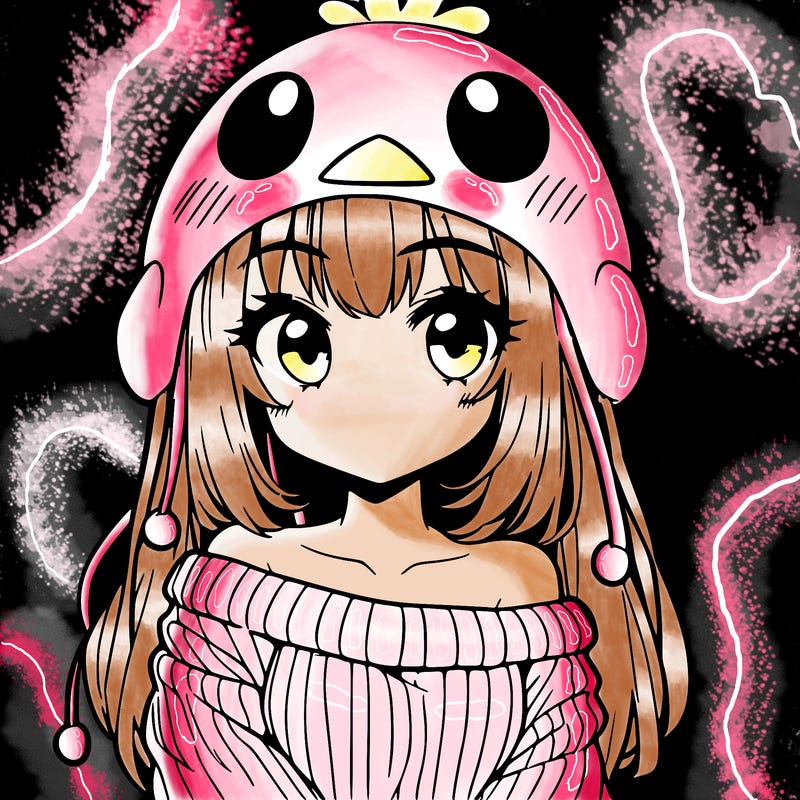 anime girl with chick shaped hat with sweater with bare shoulders with bangs covering them one eye with low tail