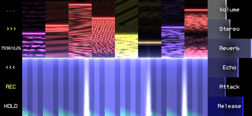 Low Poly Synth - A generative synthesizer interface showing glitchy sound textures and a musical keyboard