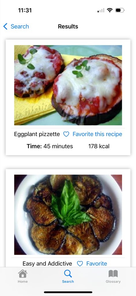 Yum‎ - Yum app search results showing recipe cards for eggplant pizzette with cooking time and calorie information