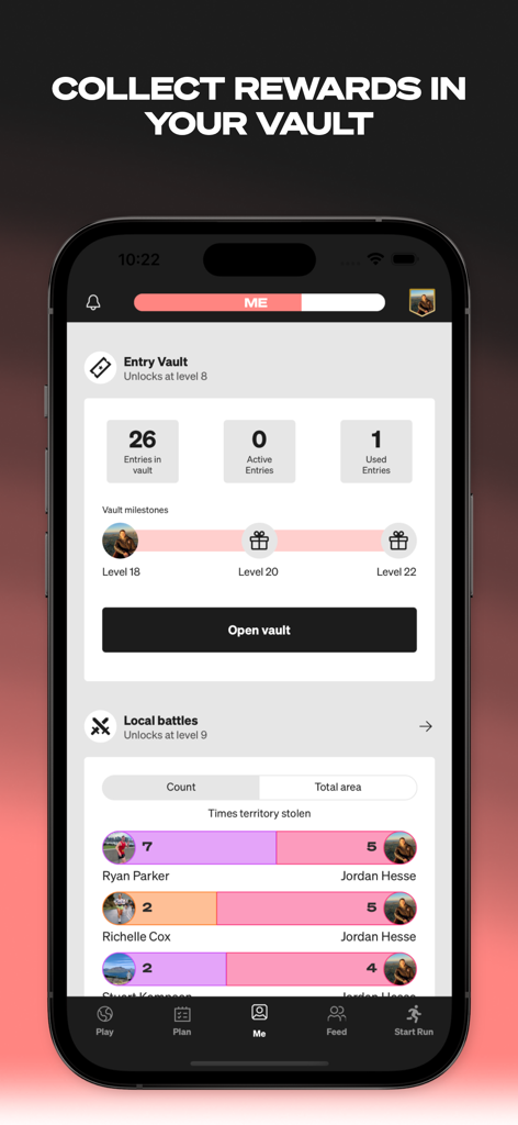 INTVL app screen showing rewards vault and local territory battle statistics
