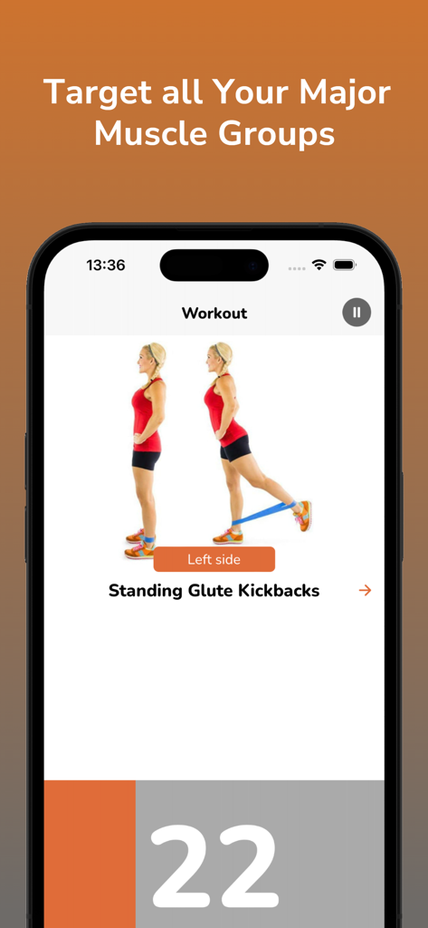 L'app Esercizi con Elastici mostra un tutorial di kickback per glutei in piedi su uno schermo di smartphone.