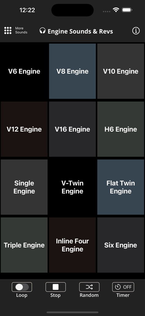 Engine Sounds & Revs - A mobile interface for the Engine Sounds and Revs app featuring a grid of different engine types like V8, V12, and V-Twin for audio playback.