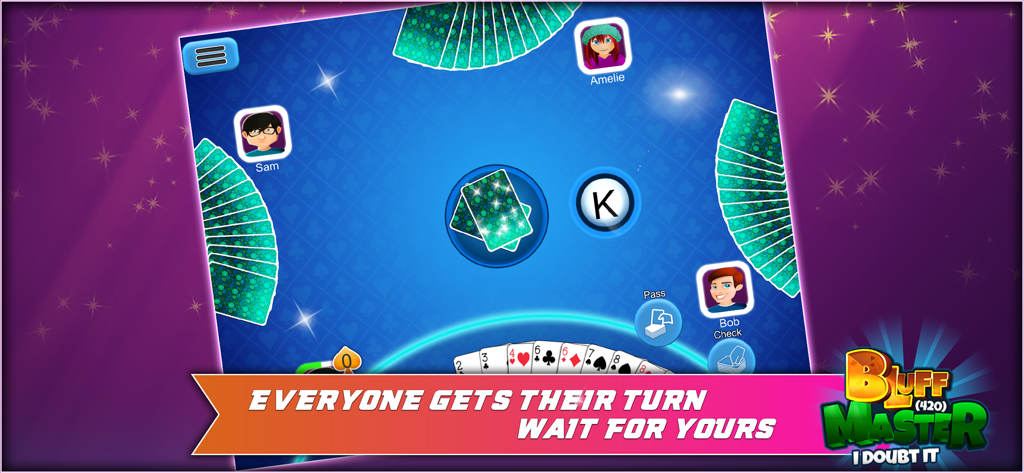 Bluff Master (420) - Digital card game table in Bluff Master with multiplayer avatars and player cards