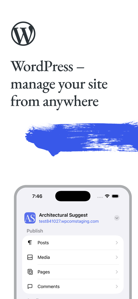 WordPress – Website Builder - Interface do aplicativo móvel WordPress mostrando um painel para gerenciar posts, mídias, páginas e comentários.