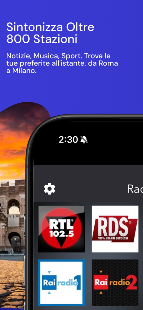 Radio FM - Interfaccia dell'app Radio FM che mostra varie icone e loghi di stazioni radio italiane su un iPhone