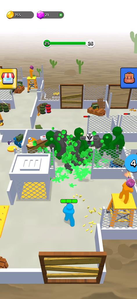 Gameplay of Z defense showing a character shooting at a green zombie tsunami from behind a fence.