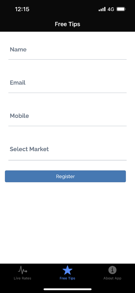 Registration form for receiving free trading tips on the MCX Live mobile app