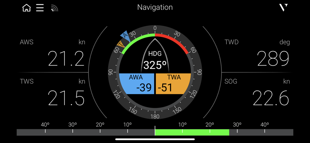 Écran de navigation de l'application NavDash affichant la route, la vitesse du vent et la vitesse sol