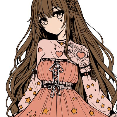 realistic anime girl with long hair star heart tattoos with a fabric dress