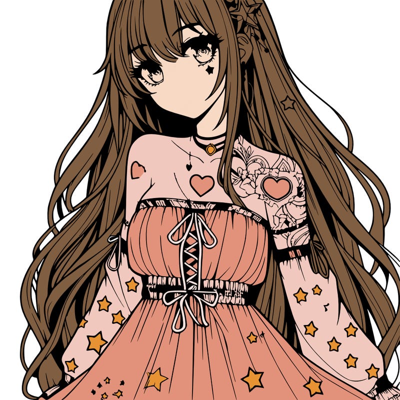 realistic anime girl with long hair star heart tattoos with a fabric dress