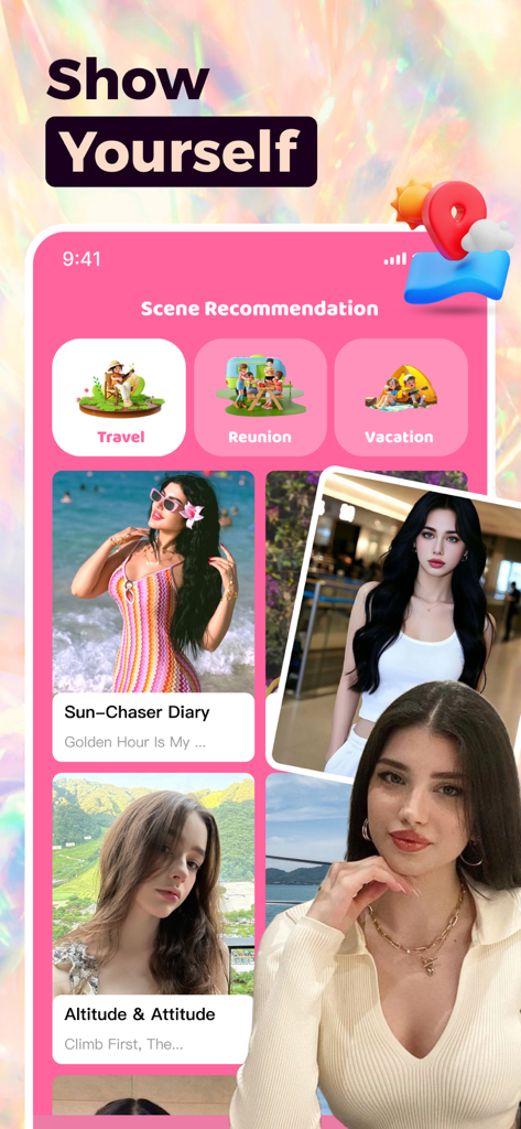 Interfaz de la aplicación Lamo-Matching que muestra recomendaciones de atuendos de moda para escenarios como viajes y vacaciones