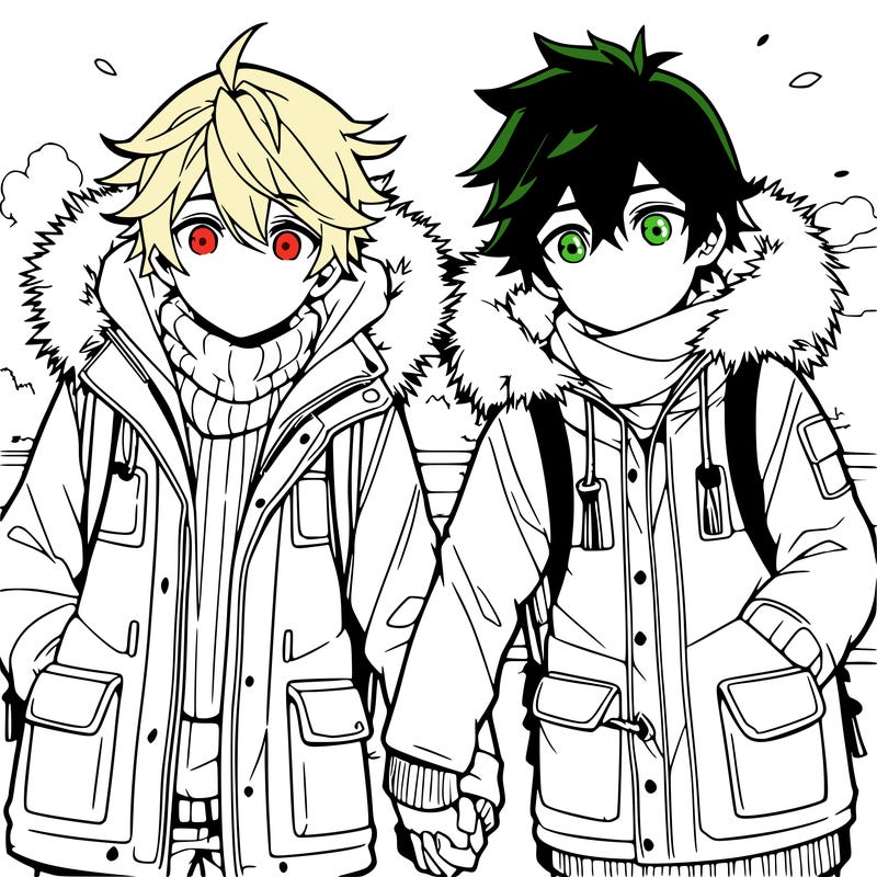 bakugo and deku in the cold wearing jackets and holding hands