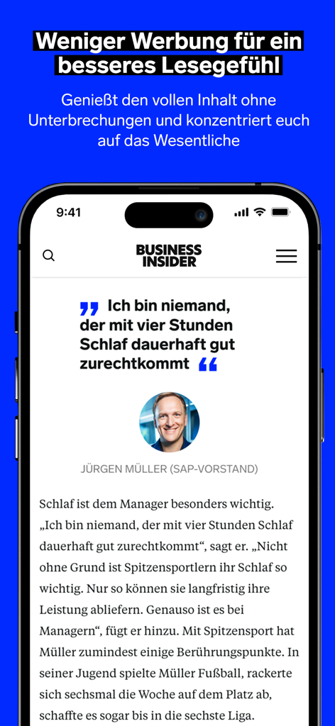 Business Insider Deutschland - Screenshot der Business Insider Deutschland App, der einen Artikel mit einer sauberen, werbefreien Leseoberfläche zeigt