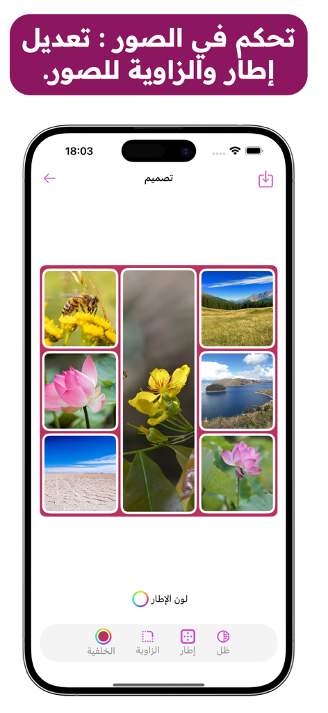 دمج وتركيب الصور مصمم اطارات - Captura de pantalla de la aplicación Photo Merge and Frame Designer que muestra un collage de fotos de la naturaleza y herramientas de edición.