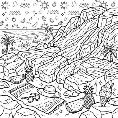 Discover a breathtaking summer beach scene where impressive andesitic lava formations meet tropical delights. This engaging coloring page captures the vibrant spirit of a sunny vacation, perfect for artists of all ages.