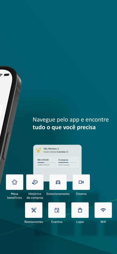 Oberfläche der Parque Dom Pedro App mit Symbolen für Einkaufszentrum-Dienste wie Parken, Restaurants, Kino und Kundenbelohnungen.
