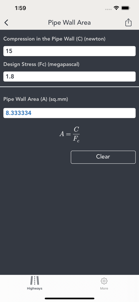 Highways & Roadwork Calculator - Interfaccia dell'app mobile Calcolatrice Autostrade e Lavori Stradali che mostra un calcolo dell'area della parete del tubo con la sua formula corrispondente.