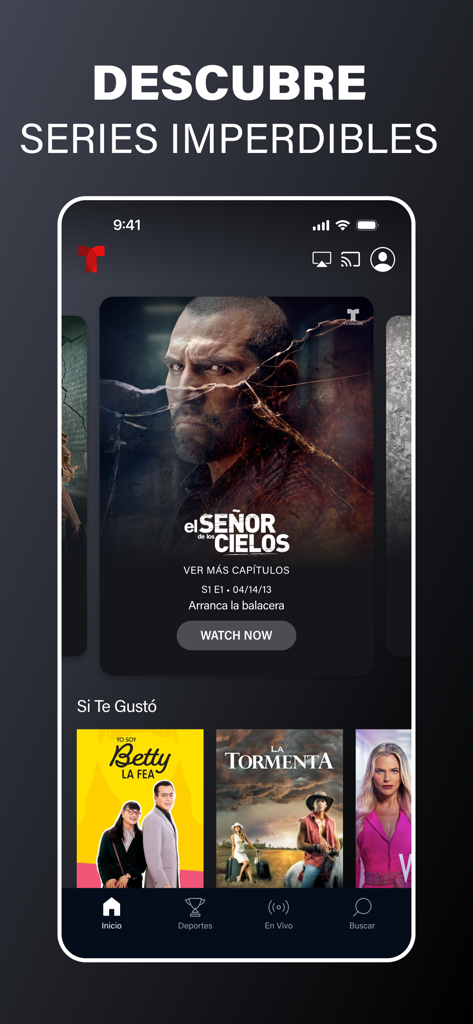 Telemundo app home screen featuring El Senor de los Cielos and classic novelas like Betty la Fea