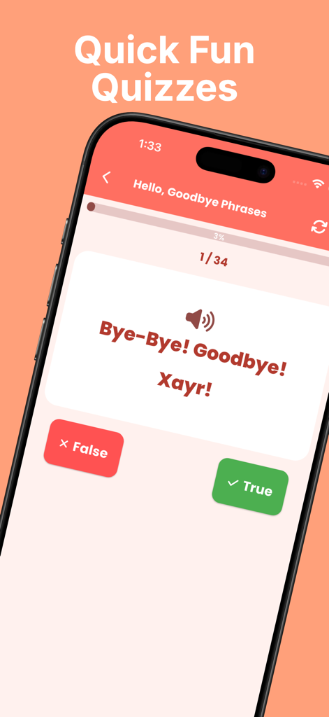 Learn Uzbek: For Beginners - Learn Uzbek app interface featuring a quick fun quiz on greeting phrases