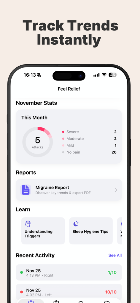 Migraine Tracker: Relief AI - Dashboard showing monthly migraine statistics and reports in the Relief AI app