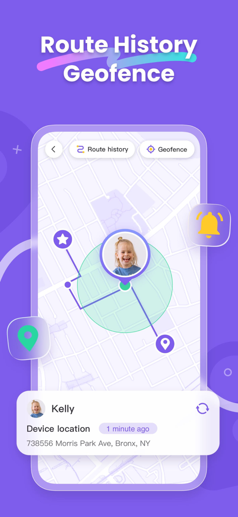 A mobile app interface from FlashGet Kidsafe showing a child's real-time location on a map with geofencing and route history