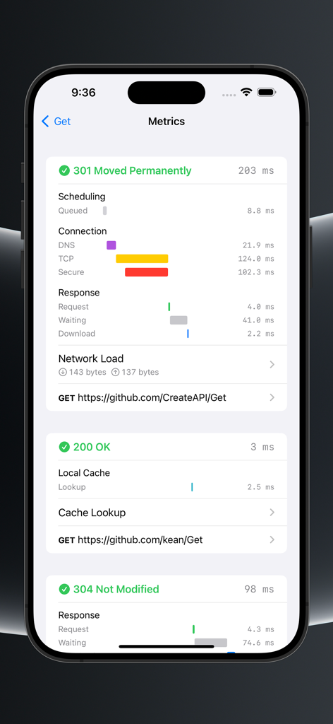 Detailed breakdown of network request metrics and performance timings in the Pulse app for iOS