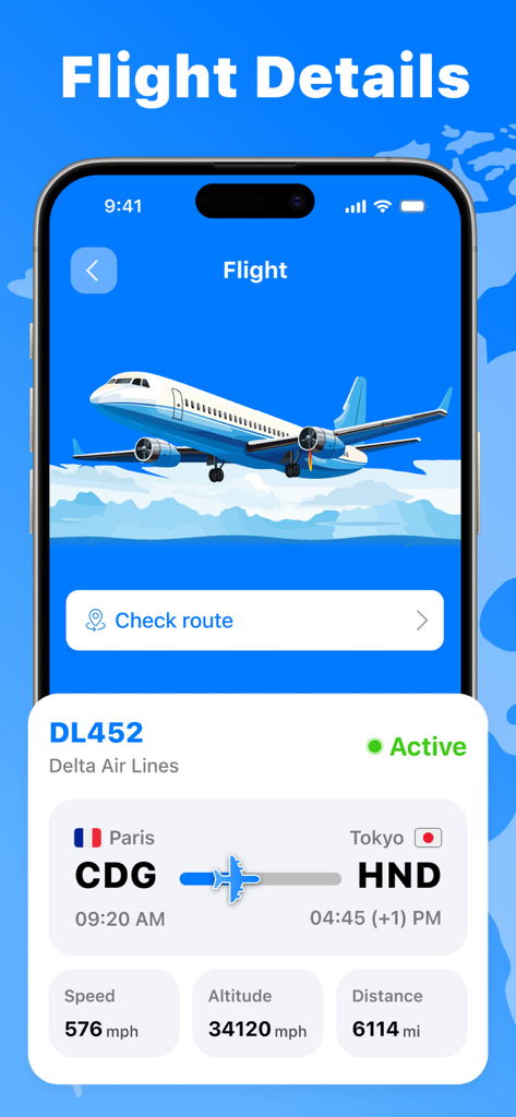 Flight Tracker, Plane Finder - Pantalla de la aplicación móvil que muestra detalles de vuelo en tiempo real para el vuelo DL452 de Delta de París a Tokio, incluyendo velocidad y altitud