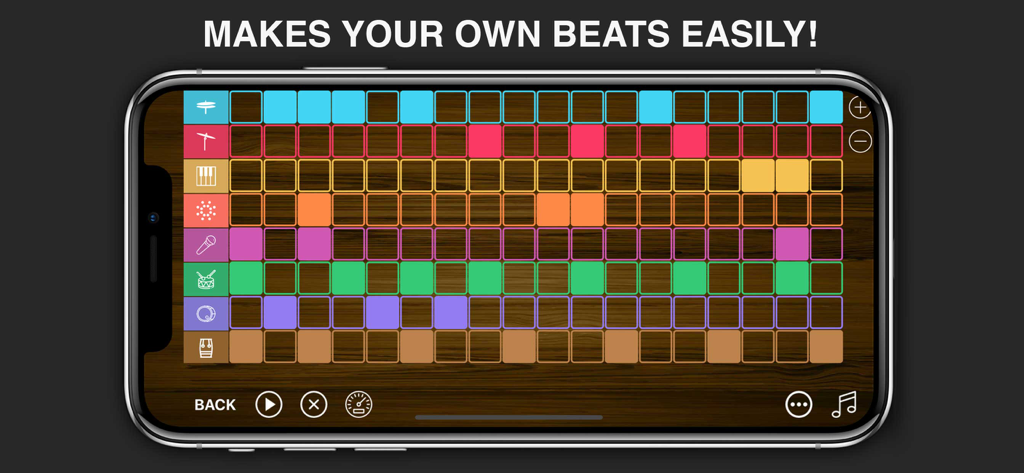 Easy Beats Maker Mix Drum Pad - A colorful music sequencer grid interface on a smartphone screen for creating custom beats and loops