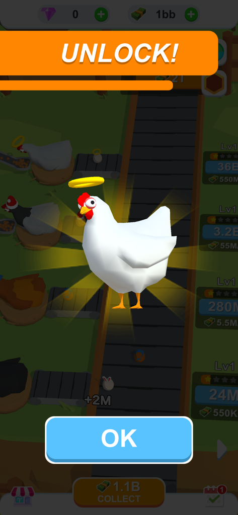 Idle Egg Factory 3D - A screenshot from Idle Egg Factory 3D showing a newly unlocked white chicken with a halo over its head.