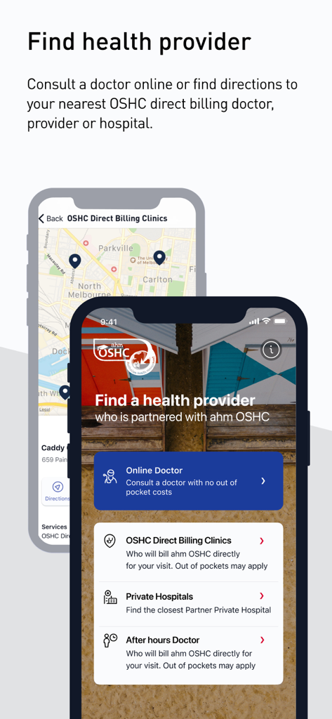 ahm OSHC - ahm OSHC app screenshot showing health provider search and map
