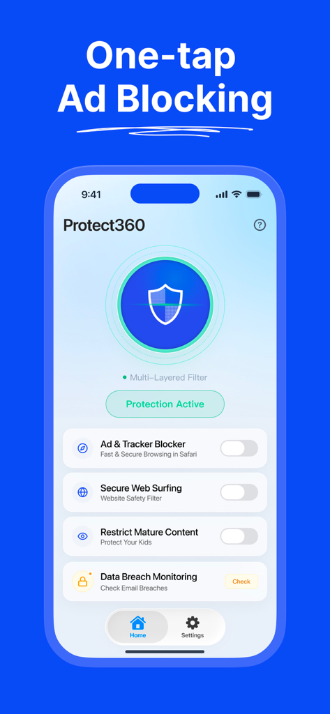 Protect360 Pro - iPhone interface of Protect360 Pro app displaying one tap ad blocking and privacy security dashboard