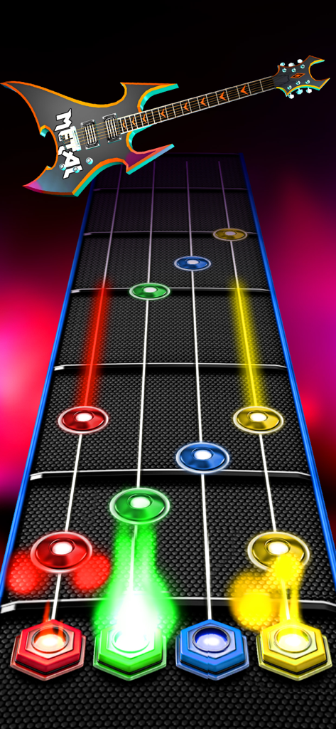 Guitar Band Rock Battle gameplay interface showing scrolling notes on a guitar fretboard with a metal guitar icon