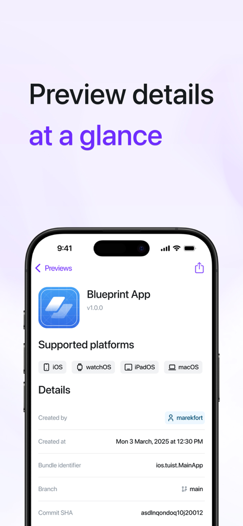 Tuist app screenshot showing project preview details including supported platforms and commit information for Blueprint App.
