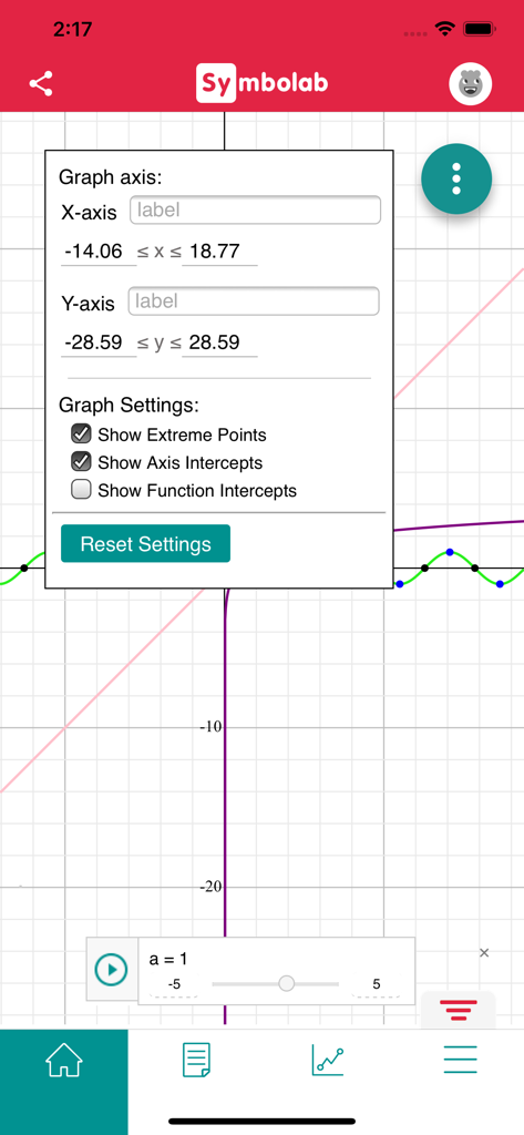 Symbolab Graphing Calculator - Symbolab graphing calculator interface with axis and graph settings menu open