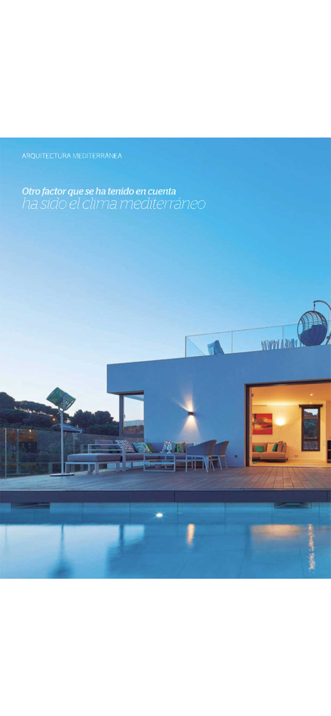 Casa moderna mediterránea con piscina de lujo y asientos al aire libre al anochecer
