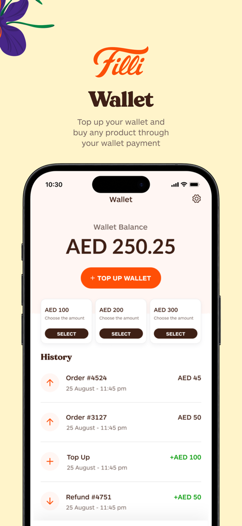 FiLLi - FiLLi mobile app wallet interface showing account balance and recent transaction history