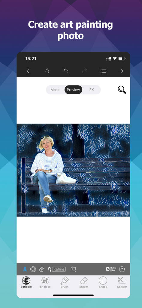 Photo Cut Out Editor - A mobile app interface showing an artistic painting filter applied to a woman sitting on a park bench