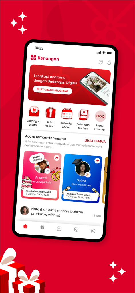 Kenangan.com - L'écran d'accueil de l'application mobile Kenangan montrant des fonctionnalités de cadeaux sociaux comme des invitations numériques et le financement de groupe pour les événements entre amis.