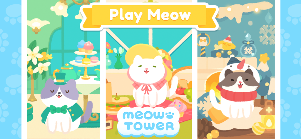 Meow Tower - Nonogram Puzzle - Three cute cats wearing costumes in different decorated rooms within the Meow Tower app