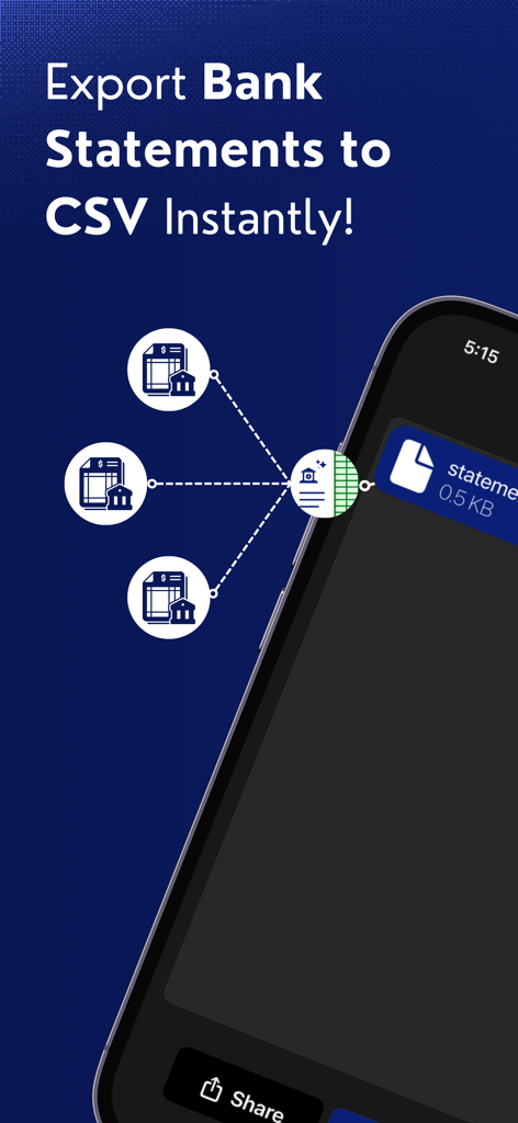 US PDF Bank Statements to CSV - Graphic showing the instant conversion of multiple bank statements into a structured CSV file on a mobile device.