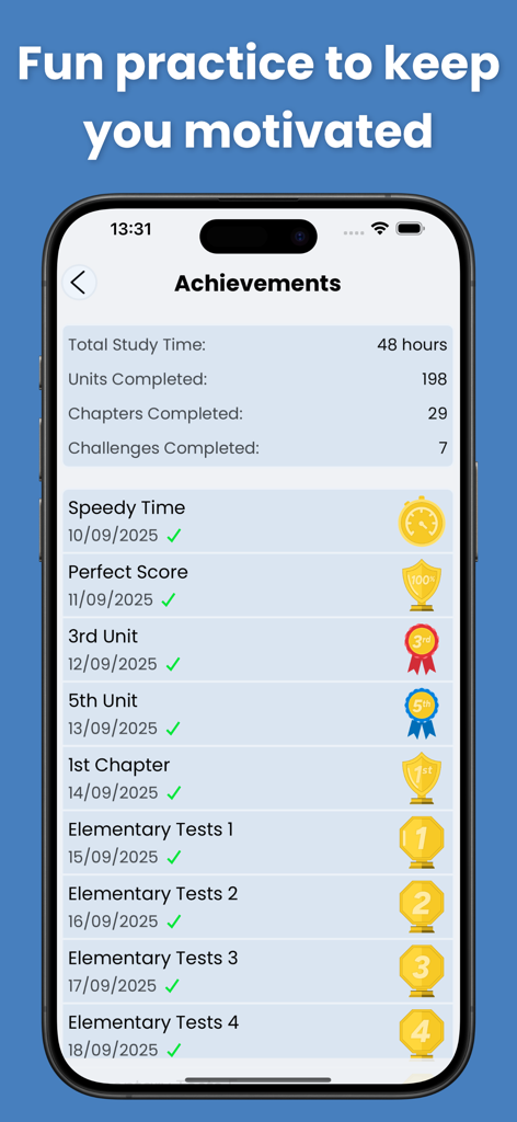 English Grammar Star: Game - Schermata dei risultati che mostra i progressi di studio e i badge guadagnati nell'app English Grammar Star