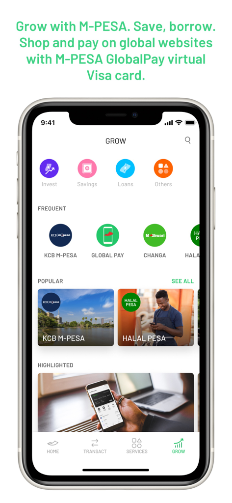 Pantalla de la app móvil M-PESA que muestra servicios financieros para ahorros, préstamos y pagos globales