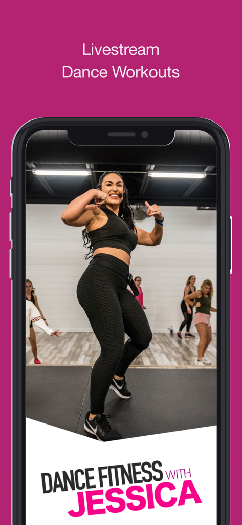 Dance Fitness with Jessica - Pantalla de smartphone mostrando un entrenamiento de fitness de baile en vivo con Jessica Bass