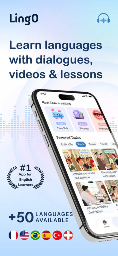 Lingo AI app dashboard showing real conversation practice and business language lessons