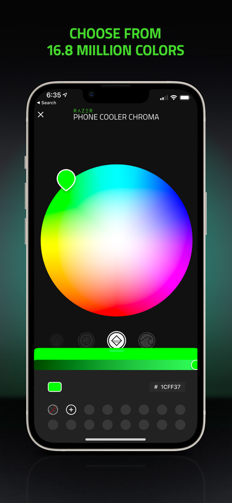 Razer Phone Cooler - Razer Phone Cooler app interface showing the Chroma RGB color picker for lighting customization