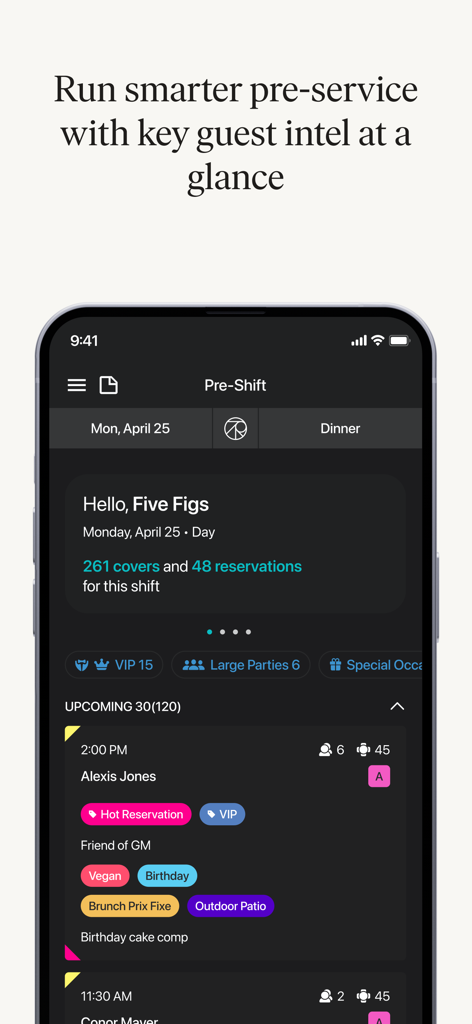 SevenRooms OS pre-shift dashboard showing reservation details and guest intelligence for a restaurant manager