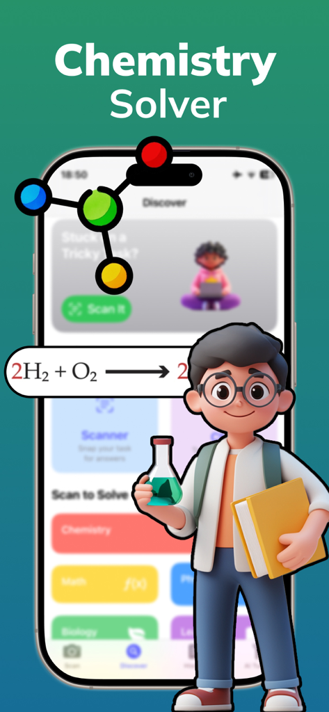 Chemistry Solver: AI Scanner - Cartoon student character holding a flask and textbook next to an iPhone displaying the Chemistry Solver app