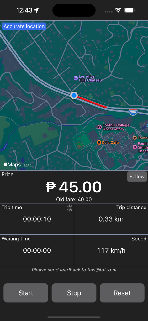 Manila Taxi-meter - Interface of the Manila Taxi-meter app displaying an estimated fare in pesos and a GPS map tracking the taxi route