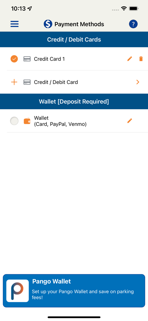 Payment methods screen in the Pango Parking app displaying credit card and digital wallet options.